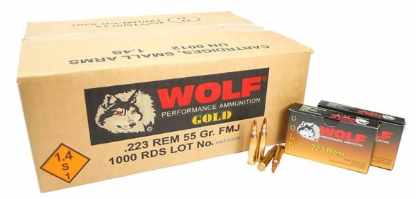 Buy 5.56x45 Ammo 55gr FMJ Wolf Gold Brass Case 1000 Round Case Online!!